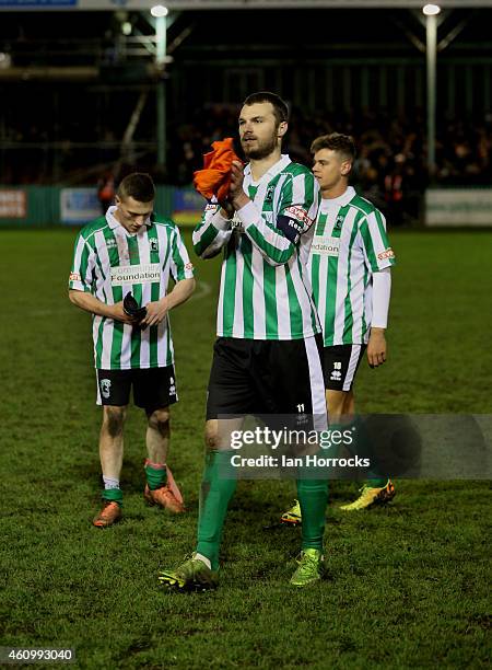 Robert Dale of Blyth Spartans applauds the crowd whilst leaving the pitch during the FA Cup third round match between Blyth Spartans and Birmingham...