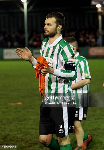 Robert Dale of Blyth Spartans applauds the crowd whilst leaving the pitch during the FA Cup third round match between Blyth Spartans and Birmingham...