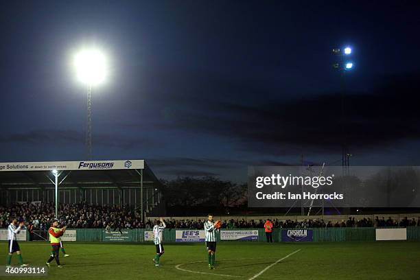 Blyth Spartans players applaud the crowd whilst leaving the pitch during the FA Cup third round match between Blyth Spartans and Birmingham City at...