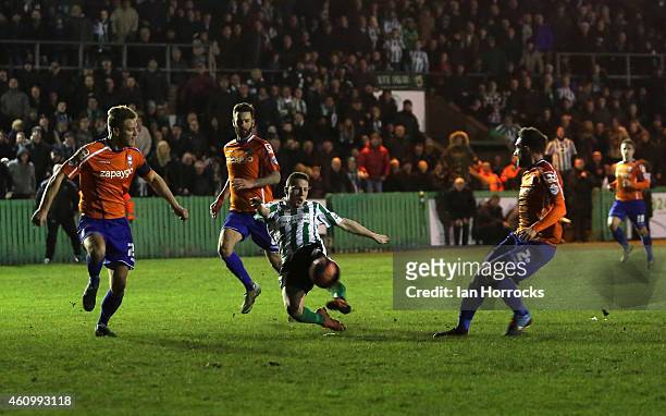 Daniel Maguire of Blyth Spartans gets off a late shot during the FA Cup third round match between Blyth Spartans and Birmingham City at Croft Park on...