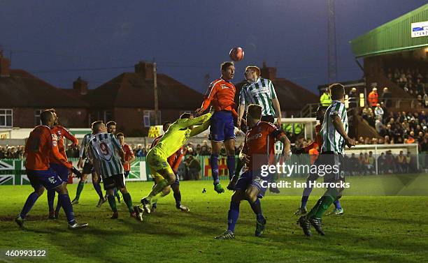 Michael Richardson of Blyth Spartans competes with Nikola Zigic of Birmingham City during the FA Cup third round match between Blyth Spartans and...