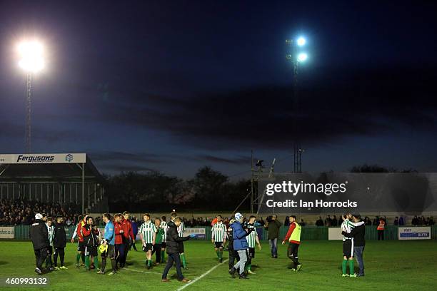 Blyth Spartans players applaud the crowd whilst leaving the pitch during the FA Cup third round match between Blyth Spartans and Birmingham City at...