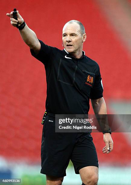 Referee Scott Duncan during the FA Cup Third Round match between Doncaster Rovers and Bristol City at Keepmoat Stadium on January 3, 2015 in...