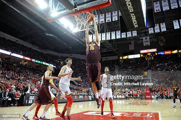 Elliott Eliason of the Minnesota Golden Gophers dunks the basketball during a college basketball game against the Maryland Terrapins at the Xfinity...