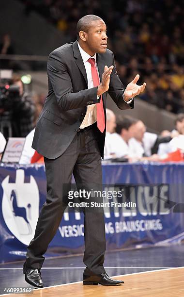 Tyron McCoy, head coach of Artland Dragons gestures during the Bundesliga basketball game between Basketball Loewen Braunschweig and Artland Dragons...