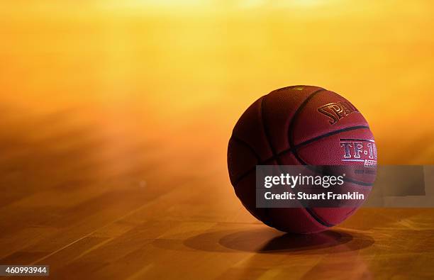 Basketball sits on the court during the Bundesliga basketball game between Basketball Loewen Braunschweig and Artland Dragons on January 3, 2015 in...