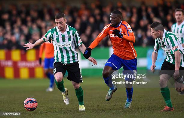 Blyth player Daniel Hawkins beats Birmingham player Guy Moussi to the ball during the FA Cup Third Round match between Blyth Spartans and Birmingham...