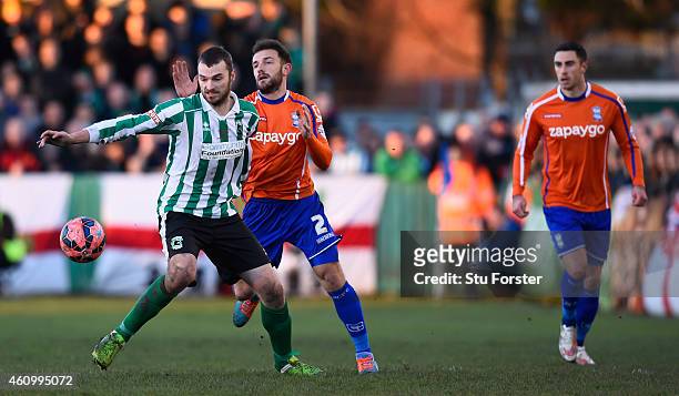 Blyth captain Robert Dale is challenged by Birmingham player Neal Eardley during the FA Cup Third Round match between Blyth Spartans and Birmingham...