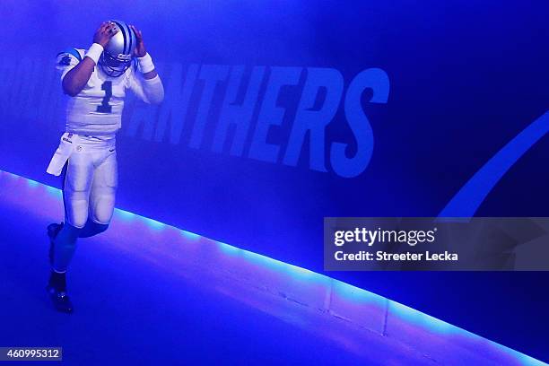 Cam Newton of the Carolina Panthers walks through the tunnel towards the field prior to their NFC Wild Card Playoff game against the Arizona...