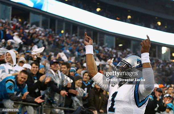 Cam Newton of the Carolina Panthers celebrates with the fans during their NFC Wild Card Playoff game against the Arizona Cardinals at Bank of America...