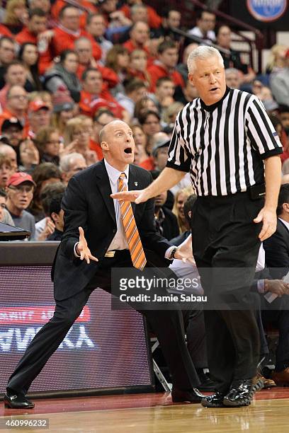 Head Coach John Groce of the Illinois Fighting Illini tries to question the referee after the Fighting Illini were called for a travel in the second...