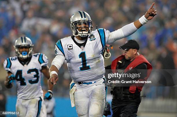 Cam Newton and Fozzy Whittaker of the Carolina Panthers celebrate during their NFC Wild Card Playoff game against the Arizona Cardinals at Bank of...