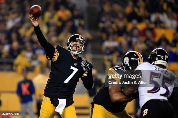 Ben Roethlisberger of the Pittsburgh Steelers passes in the first quarter against the Baltimore Ravens during their AFC Wild Card game at Heinz Field...