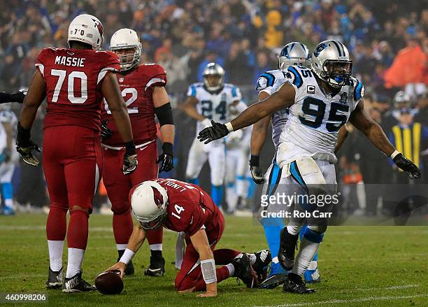 Charles Johnson of the Carolina Panthers celebrates sacking Ryan Lindley of the Arizona Cardinals in the 2nd half during their NFC Wild Card Playoff...