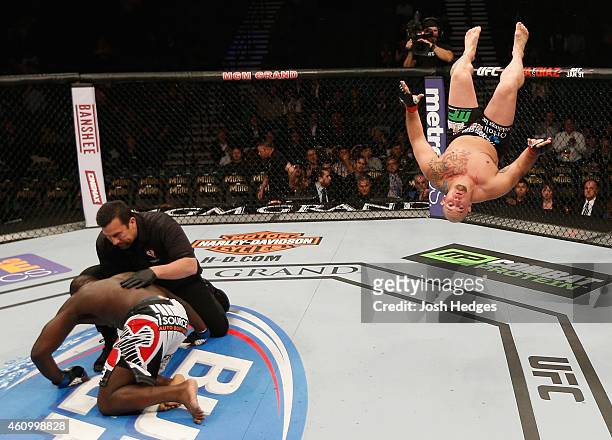 Shawn Jordan celebrates his knockout win over Jared Cannonier in their heavyweight bout during the UFC 182 event at the MGM Grand Garden Arena on...