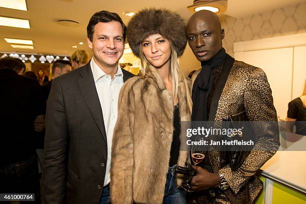 Alexander Tewaag, Valentina Henkel and Papis Loveday at the Witty Knitters party on January 3, 2015 in Kitzbuehel, Austria.