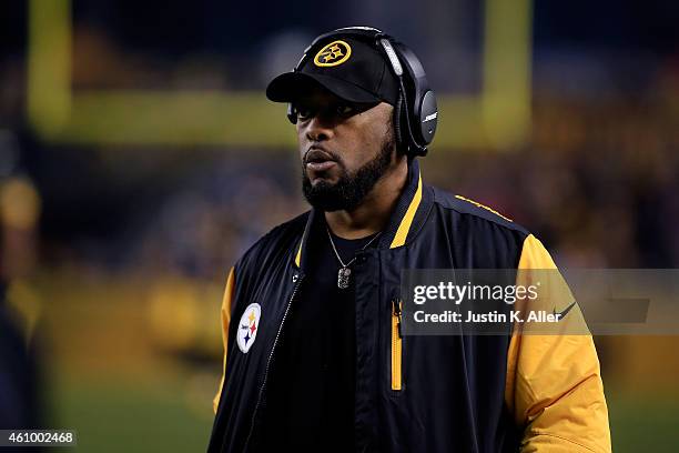 Head coach Mike Tomlin of the Pittsburgh Steelers looks on against the Baltimore Ravens during their AFC Wild Card game at Heinz Field on January 3,...