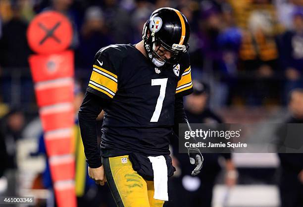 Ben Roethlisberger of the Pittsburgh Steelers reacts and walks back to the bench in the fourth quarter against the Baltimore Ravens during their AFC...