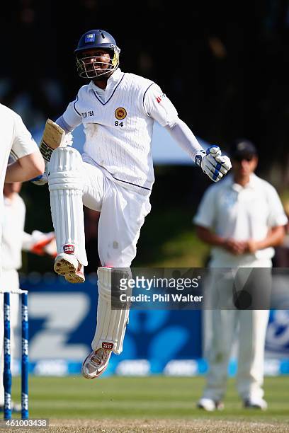 Kumar Sangakkara of Sri Lanka celebrates his 200 runs during day two of the Second Test match between New Zealand and Sri Lanka at Basin Reserve on...