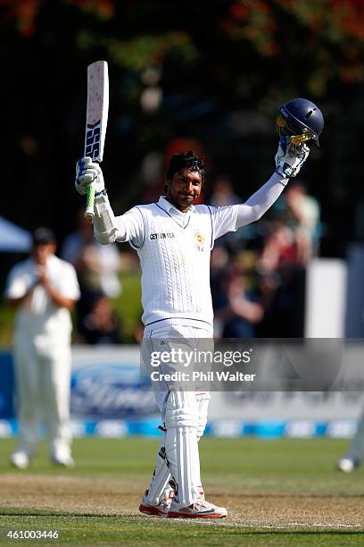 Kumar Sangakkara of Sri Lanka celebrates his 200 runs during day two of the Second Test match between New Zealand and Sri Lanka at Basin Reserve on...