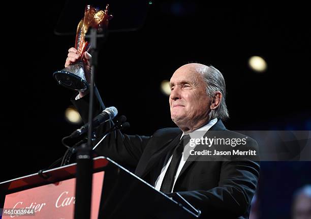 Actor Robert Duvall speaks onstage during the 26th Annual Palm Springs International Film Festival Awards Gala at Palm Springs Convention Center on...