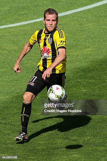Jeremy Brockie of the Phoenix looks to control the ball during the round 15 A-League match between the Wellington Phoenix and Brisbane Roar at...