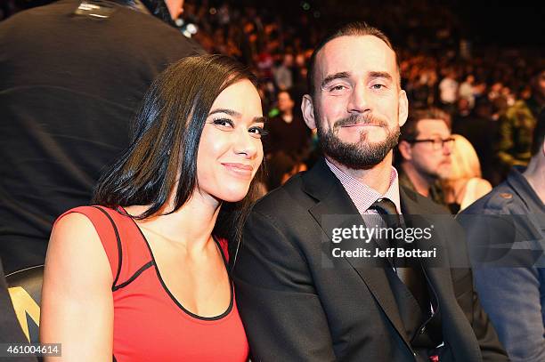 Phil 'CM Punk' Brooks with wife AJ Lee attends UFC 182 event at the MGM Grand Garden Arena on January 3, 2015 in Las Vegas, Nevada.