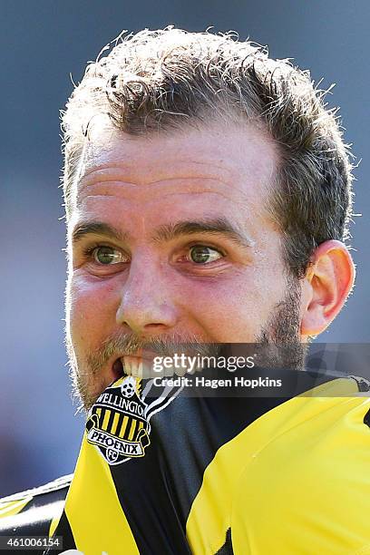 Jeremy Brockie of the Phoenix celebrates after scoring a goal during the round 15 A-League match between the Wellington Phoenix and Brisbane Roar at...