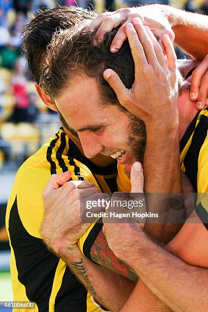 Jeremy Brockie of the Phoenix is congatulated on his second goal during the round 15 A-League match between the Wellington Phoenix and Brisbane Roar...