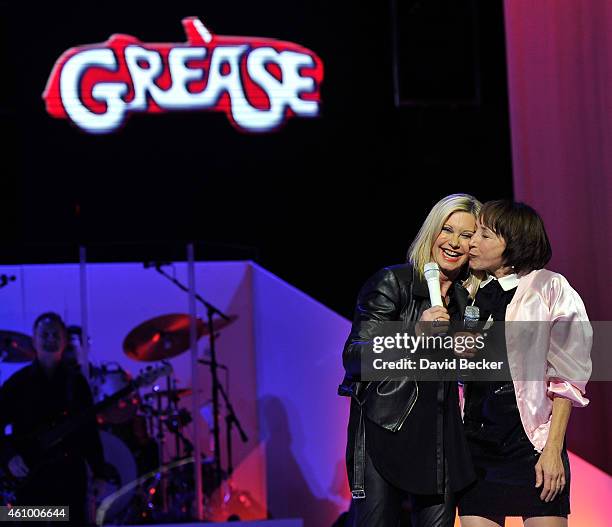 Entertainer Olivia Newton-John and actress Didi Conn reunite on stage to perform "Summer Nights" at Flamingo Las Vegas on January 3, 2015 in Las...