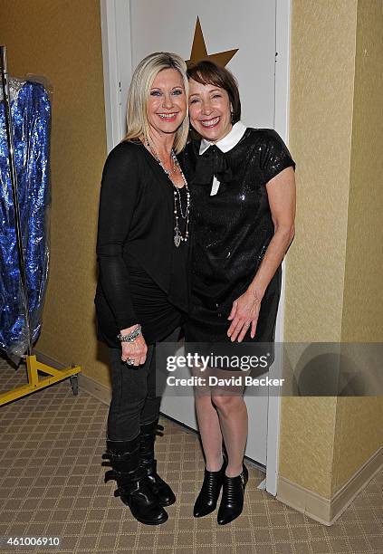 Entertainer Olivia Newton-John and actress Didi Conn appear after they performed "Summer Nights" together at Flamingo Las Vegas on January 3, 2015 in...