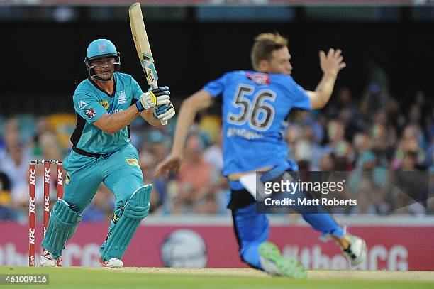 Peter Forrest of the Heat bats during the Big Bash league match between the Brisbane Heat and the Adelaide Strikers at The Gabba on January 4, 2015...