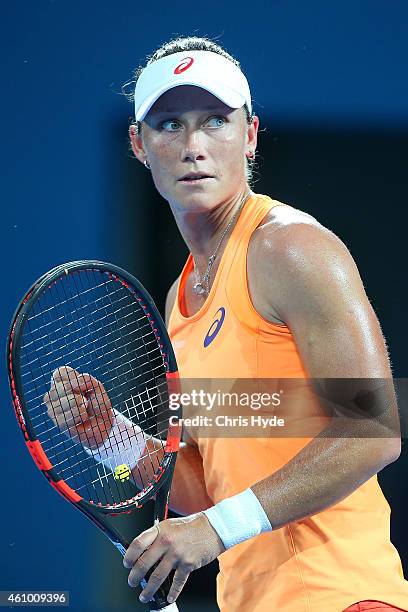 Samantha Stosur of Australia celebrates a point in her match against Varvara Lepchenko of the USA during day one of the 2015 Brisbane International...