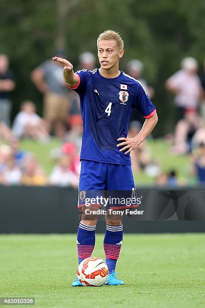 Keisuke Honda of Japan lines up a free kick during the Asian Cup practice match between Japan and Auckland City on January 4, 2015 in Cessnock,...