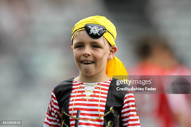 Mariners fans celebrate 'Dress like a Pirate' day during the round 15 A-League match between the Central Coast Mariners and Melbourne City FC at...