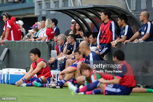 The Japan bench during the Asian Cup practice match between Japan and Auckland City on January 4, 2015 in Cessnock, Australia.
