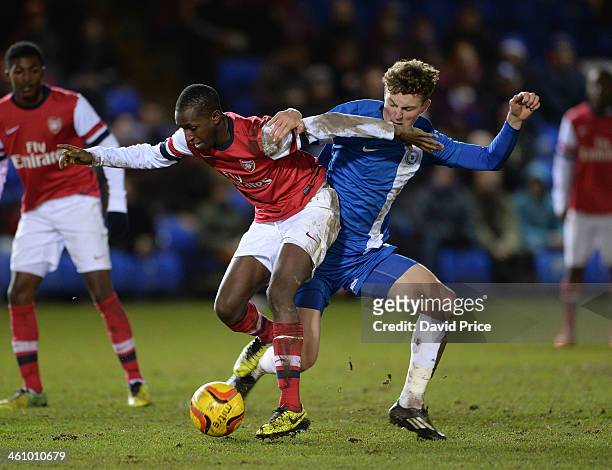 Glen Kamara of Arsenal holds off Oliver Luto of Peterborough during the FA Youth Cup Fourth Round match between Peterborough United U18 and Arsenal...