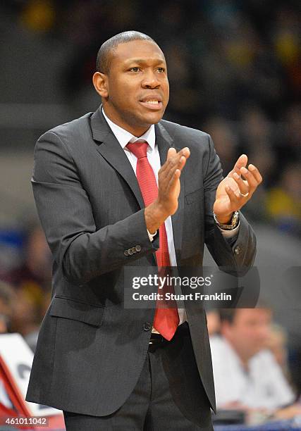 Tyron McCoy, head coach of Artland Dragons gestures during the Bundesliga basketball game between Basketball Loewen Braunschweig and Artland Dragons...