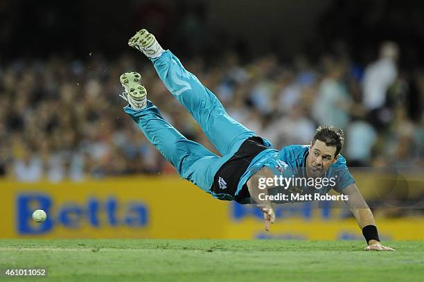 Daniel Christian of the Heat fields during the Big Bash league match between the Brisbane Heat and the Adelaide Strikers at The Gabba on January 4,...
