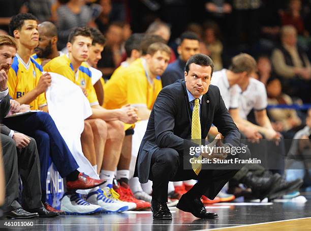 Raoul Korner, head coach of Braunschweig ponders during the Bundesliga basketball game between Basketball Loewen Braunschweig and Artland Dragons on...