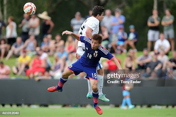 Takashi Inui of Japan contests a header during the Asian Cup practice match between Japan and Auckland City on January 4, 2015 in Cessnock, Australia.