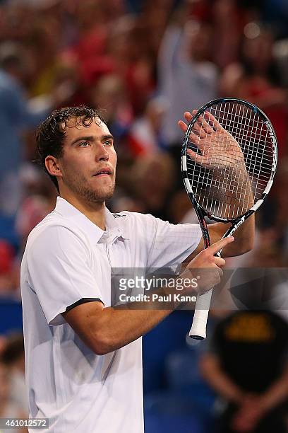 Jerzy Janowicz of Poland celebrates winning his match against Matt Ebden of Australia during day one of the 2015 Hopman Cup at Perth Arena on January...