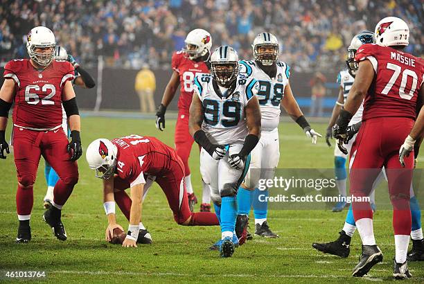 Kawann Short of the Carolina Panthers celebrates after sacking Ryan Lindley of the Arizona Cardinals during the NFC Wild Card Playoff game on January...