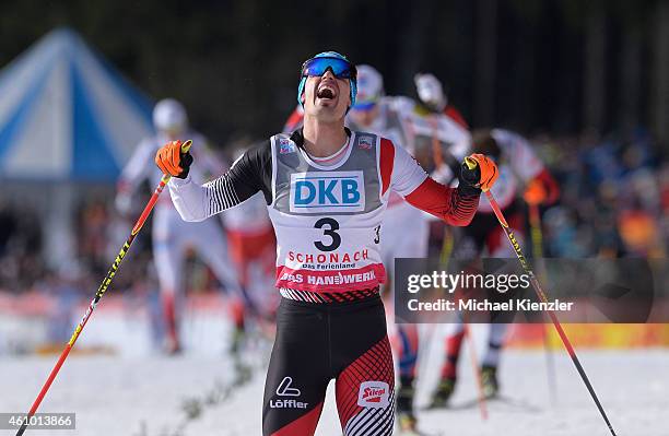 Lukas Klapfer of Austria takes 1rst place during Day Two of the FIS Nordic Combined World Cup HS 106 Team Competition on January 4, 2015 in Schonach,...