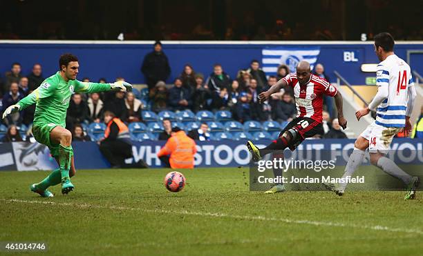 Jamal Campbell-Ryce of Sheffield United shoots past goalkeeper Alex McCarthy of QPR to score their third goal during the FA Cup Third Round match...