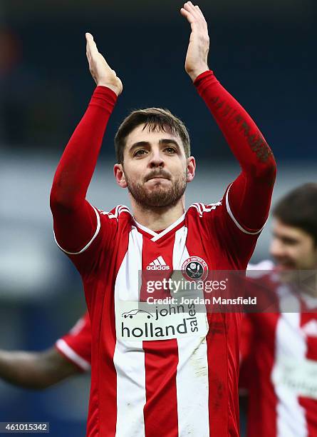 Robert Harris of Sheffield United celebrates victory after the FA Cup Third Round match between Queens Park Rangers and Sheffield United at Loftus...