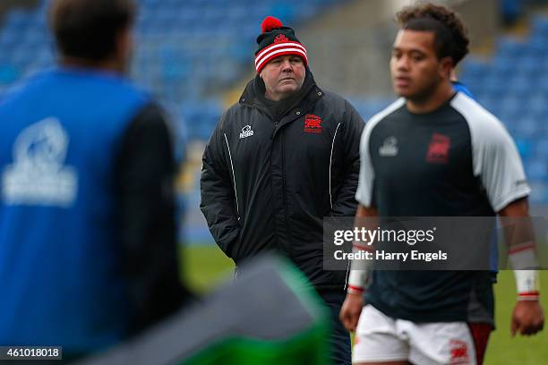London Welsh Head Coach Justin Burnell looks on ahead of kick off during the Aviva Premiership match between London Welsh and Harlequins at the...