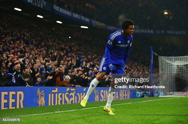 Loic Remy of Chelsea celebrates as he scores their second goal during the FA Cup Third Round match between Chelsea and Watford at Stamford Bridge on...