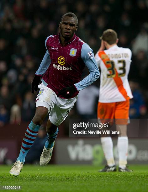 Christian Benteke of Aston Villa during the FA Cup Third Round match between Aston Villa and Blackpool at Villa Park on January 04, 2015 in...