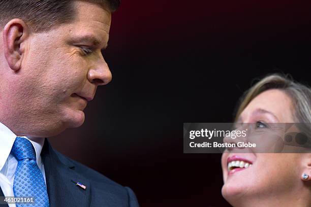 Marty Walsh and his longtime girlfriend, Lorrie Higgins, share a look moments after he was sworn in as mayor of Boston during an inauguration...